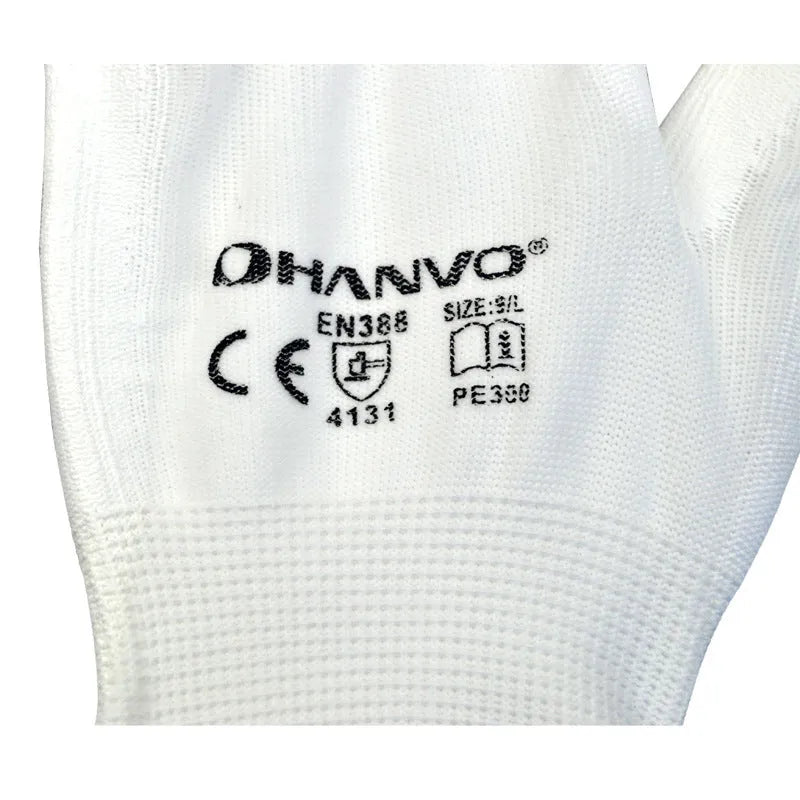 White PU coated work gloves showing textured grip, with size tags for L and M.