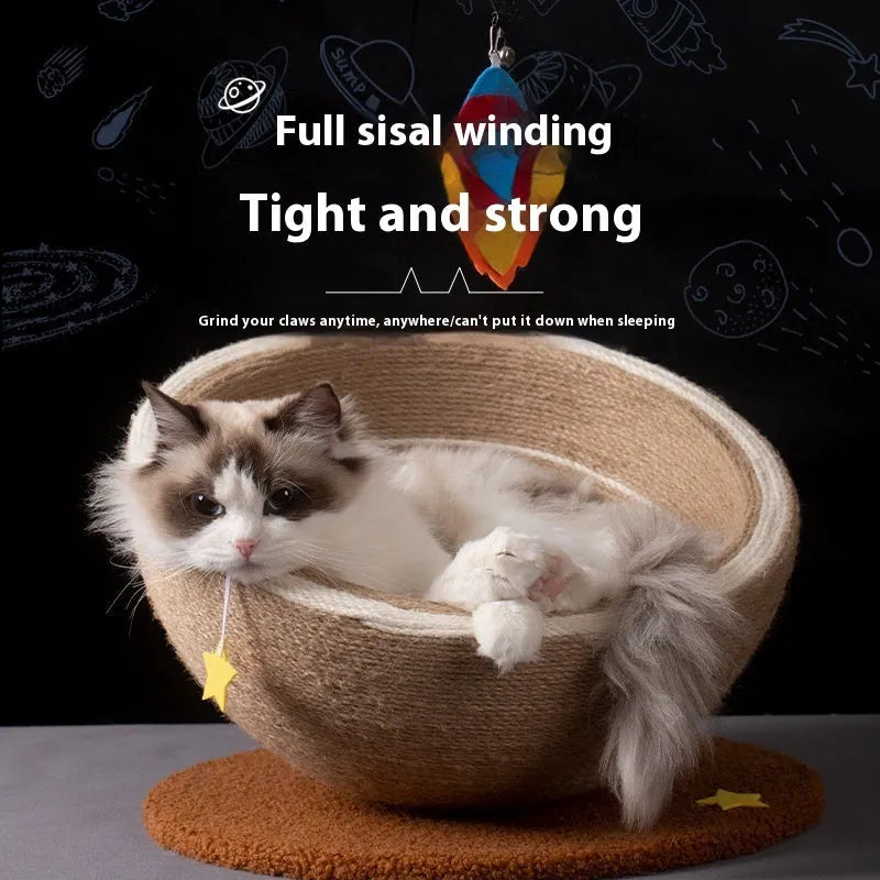 Large grey cat scratching basin and nest with sisal rope scratching surface and starry pattern design