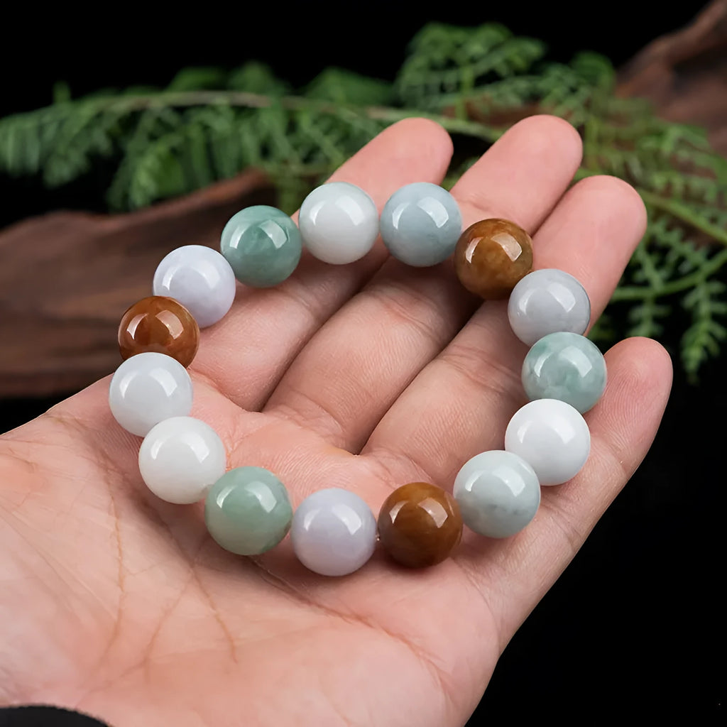 Women's natural Myanmar jade bracelet with 13mm three-colour round beads in national style