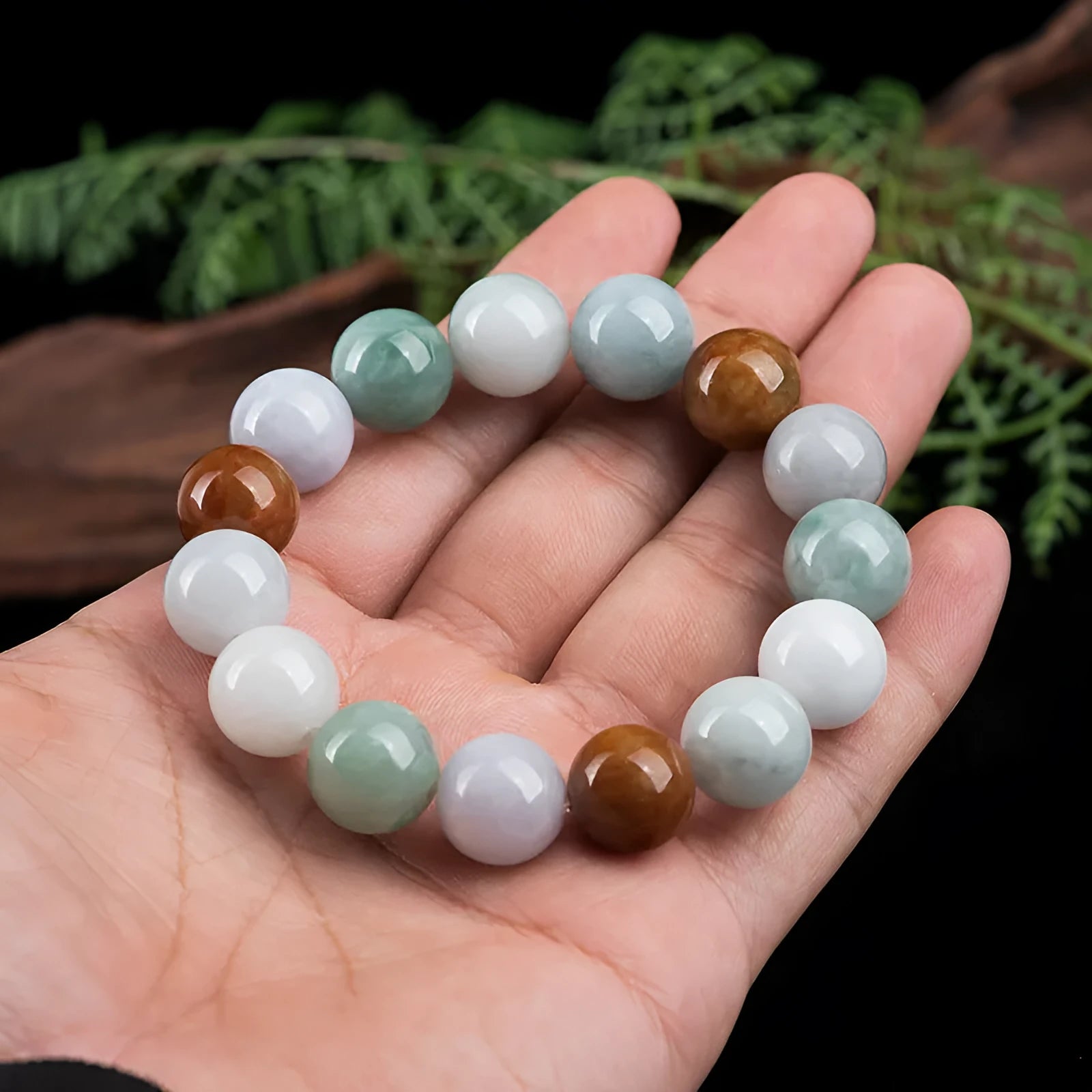 Women's natural Myanmar jade bracelet with 13mm three-colour round beads in national style