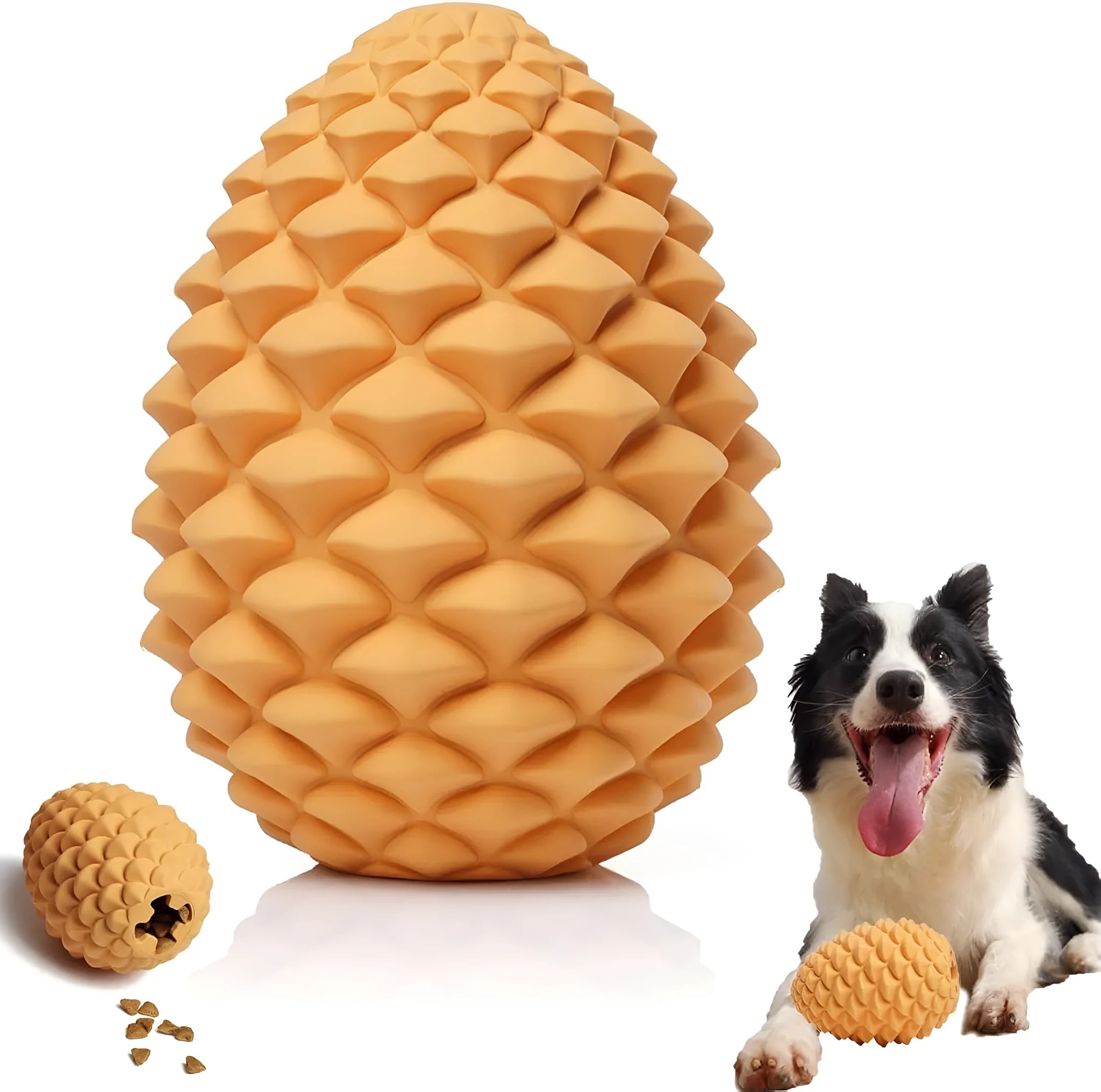 Yellow natural rubber pine cone shaped dog toy with treat dispenser hole