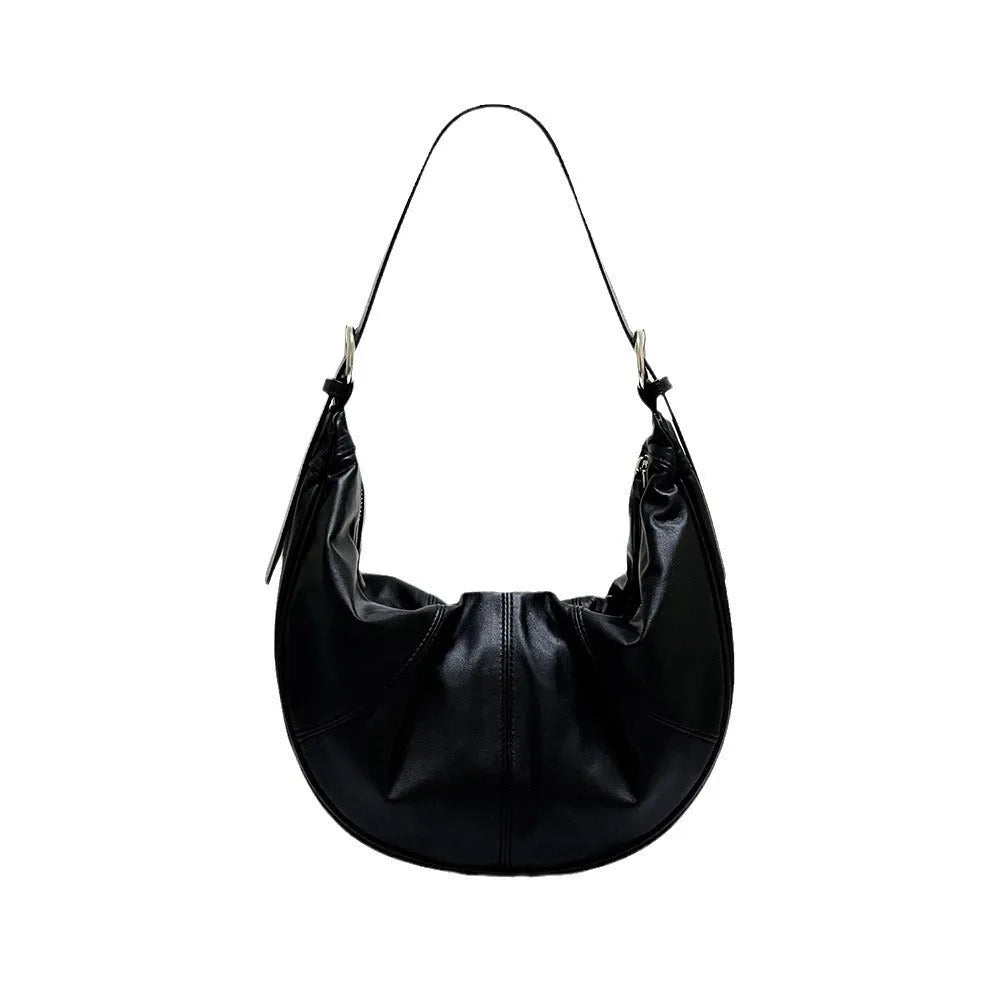 Women's soft cowhide leather shoulder bag in dumpling shape with sandwich pockets and double straps