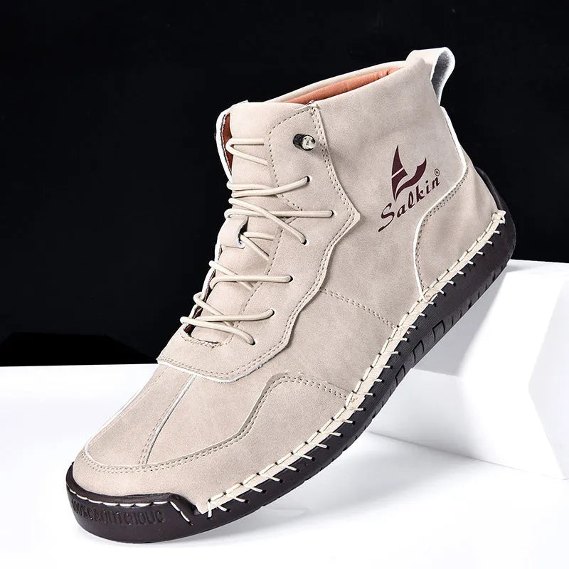 Men's retro high-top casual boots in artificial PU with round toe and elastic band