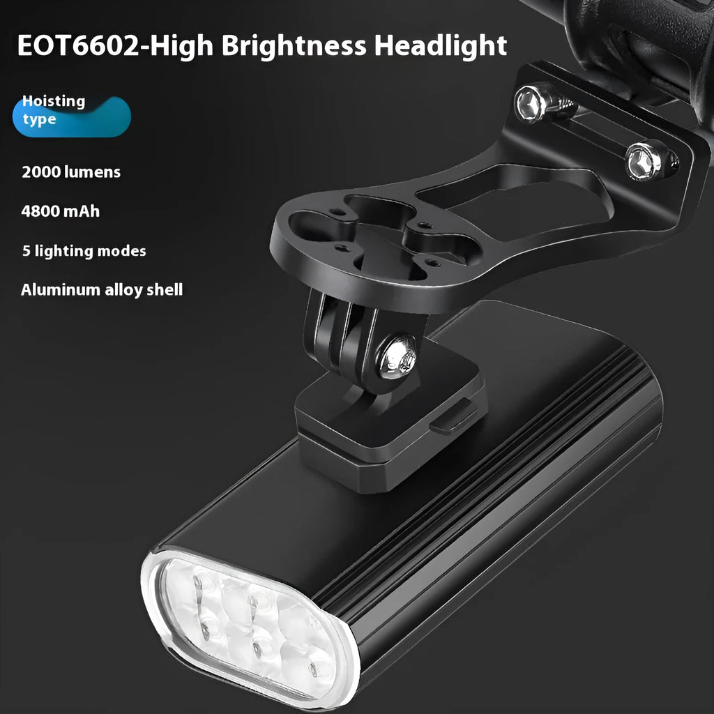 Aluminium alloy bicycle headlight with six XPT lamp beads showing quick-release mounting system