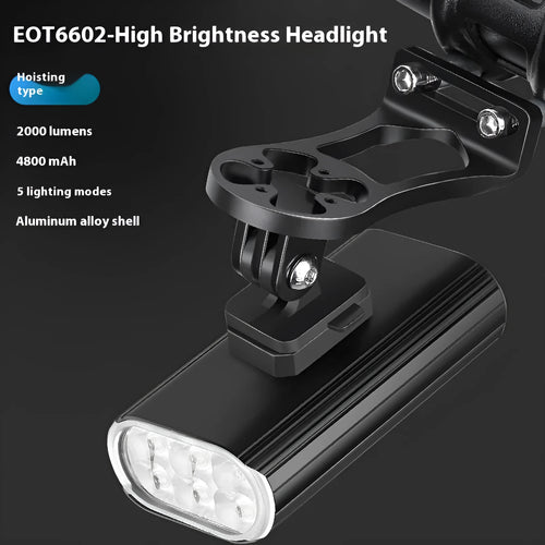 Aluminium alloy bicycle headlight with six XPT lamp beads showing quick-release mounting system