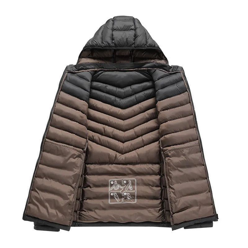 Man wearing a lightweight solid-colour hooded down jacket with a detachable collar and zipper pockets.