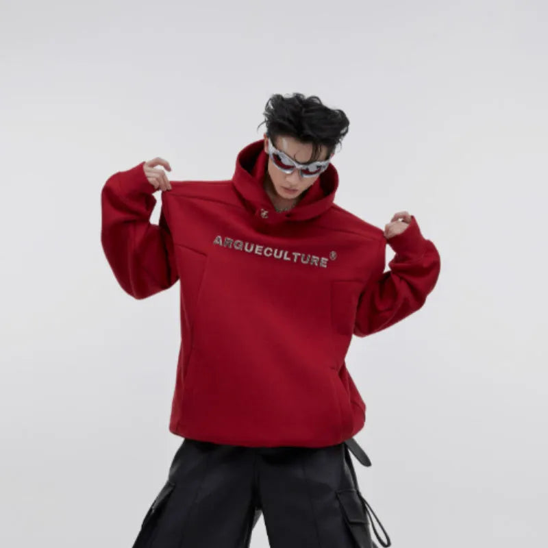 Men's black hooded sweater with heavy shoulder pads and silver metallic 3D printing design.