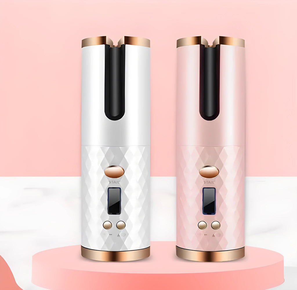 Portable USB charging curling iron with gold ceramic barrel in white, pink, or grey