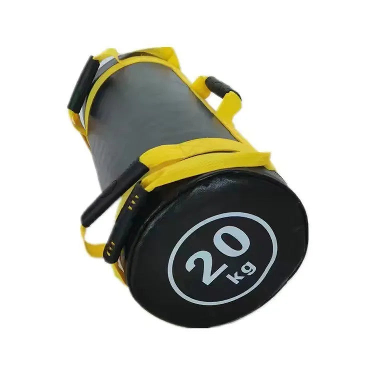 Flat white PVC fitness training sandbag for weight lifting and conditioning exercises.
