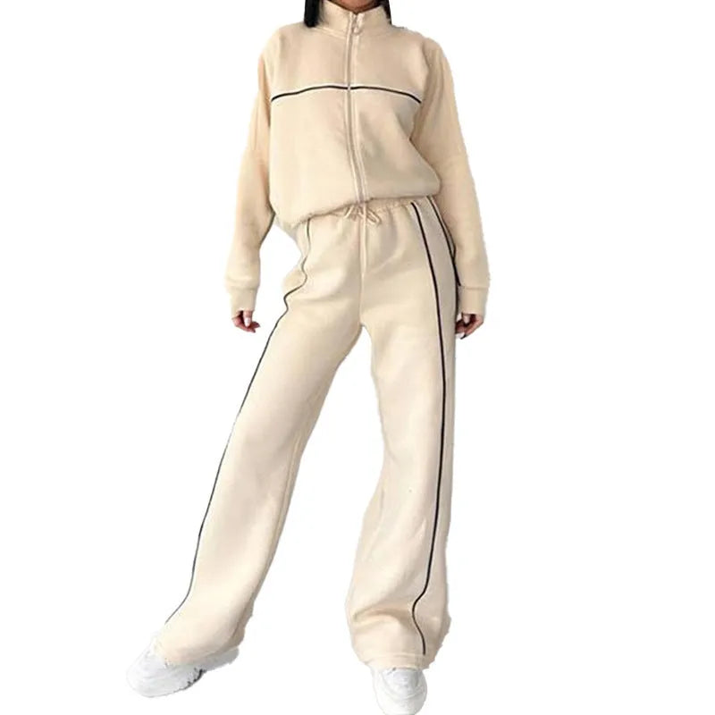 Casual striped suit set with mock neck hoodie and trousers in six colour options