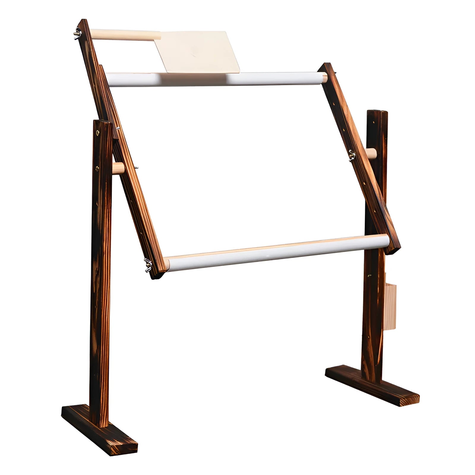Vertical adjustable pine wood cross stitch embroidery frame on a desktop.