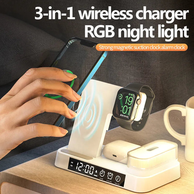White foldable wireless charging station showing alarm clock display, phone charging surface and RGB night light