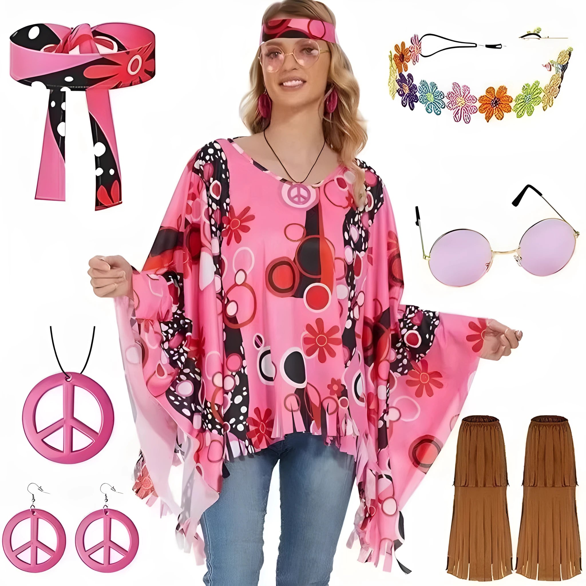 Tie dye cloak costume with rainbow printing and dramatic bell sleeves for Halloween parties