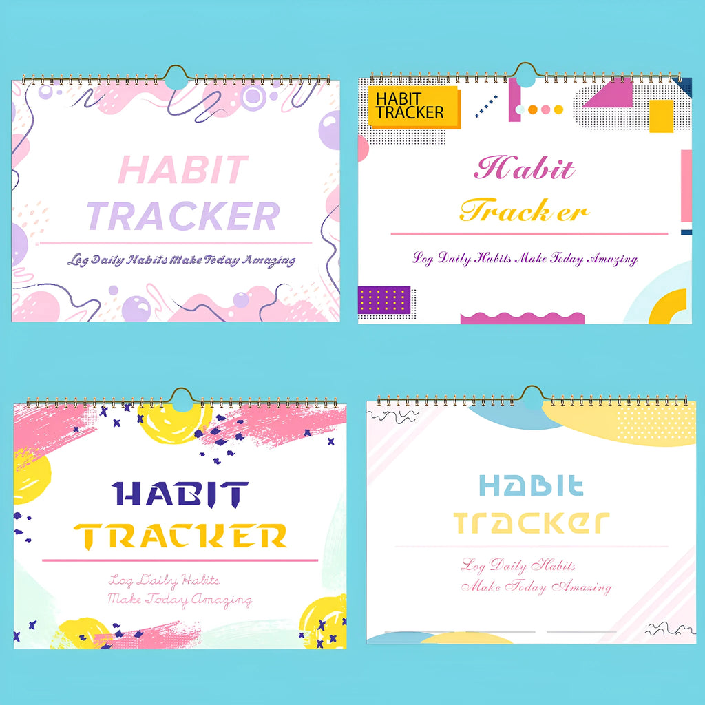 English habit tracking notebook with 12 pages in A4 21cm by 28cm format showing colour options