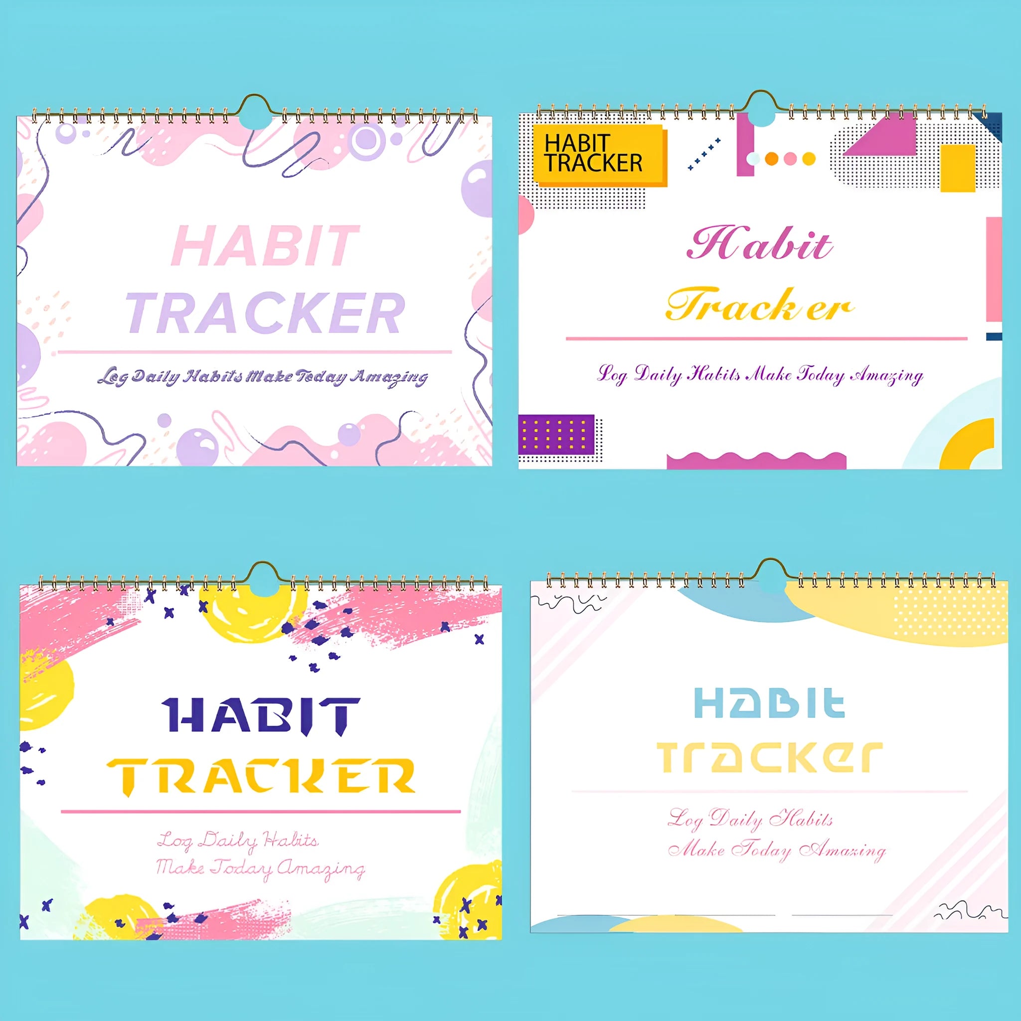English habit tracking notebook with 12 pages in A4 21cm by 28cm format showing colour options