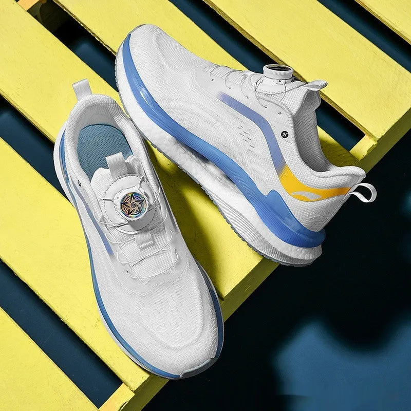 Men's high-top mesh running shoes in cotton candy colour with buckle closure and viscose sole