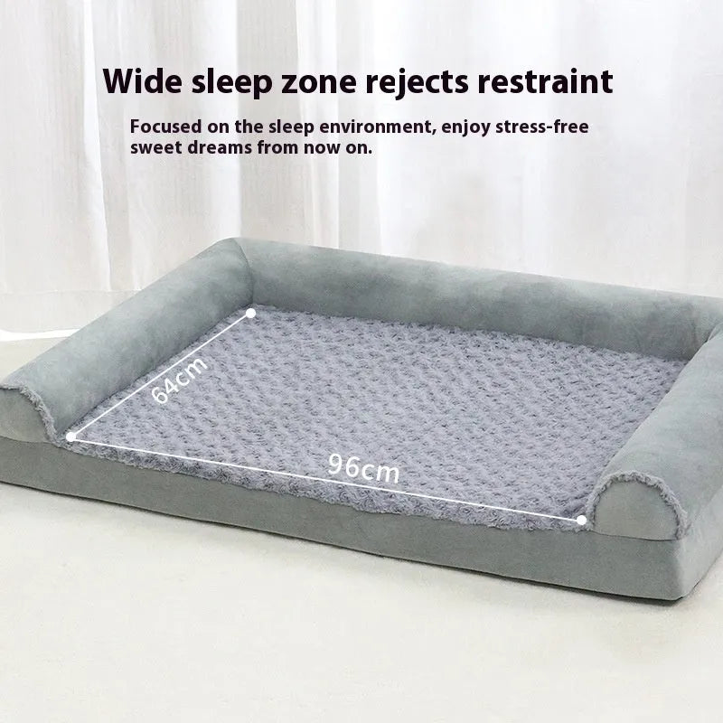 Light grey cloth dog kennel with fleece lining for a large dog, showing removable cover.