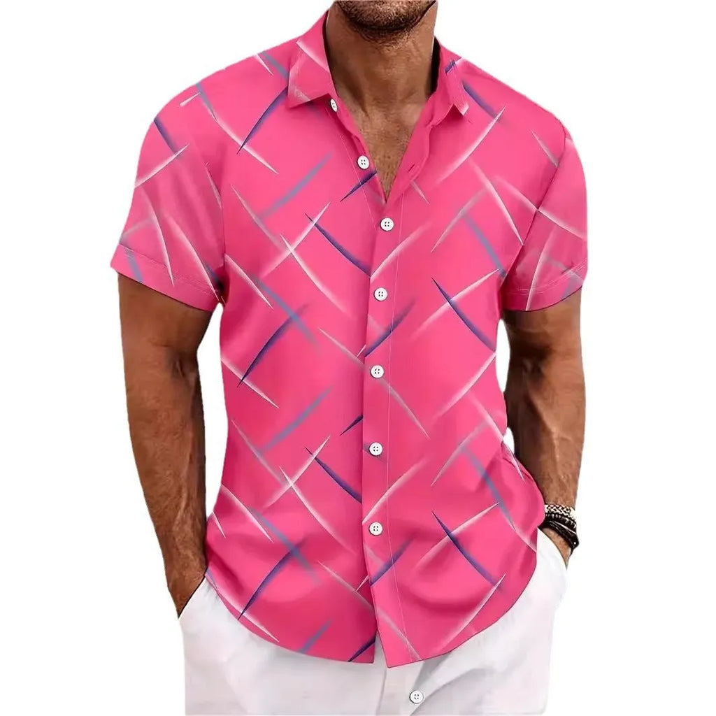 Men's casual beach short sleeve button shirt with striped feather pattern in loose fit polyester fabric