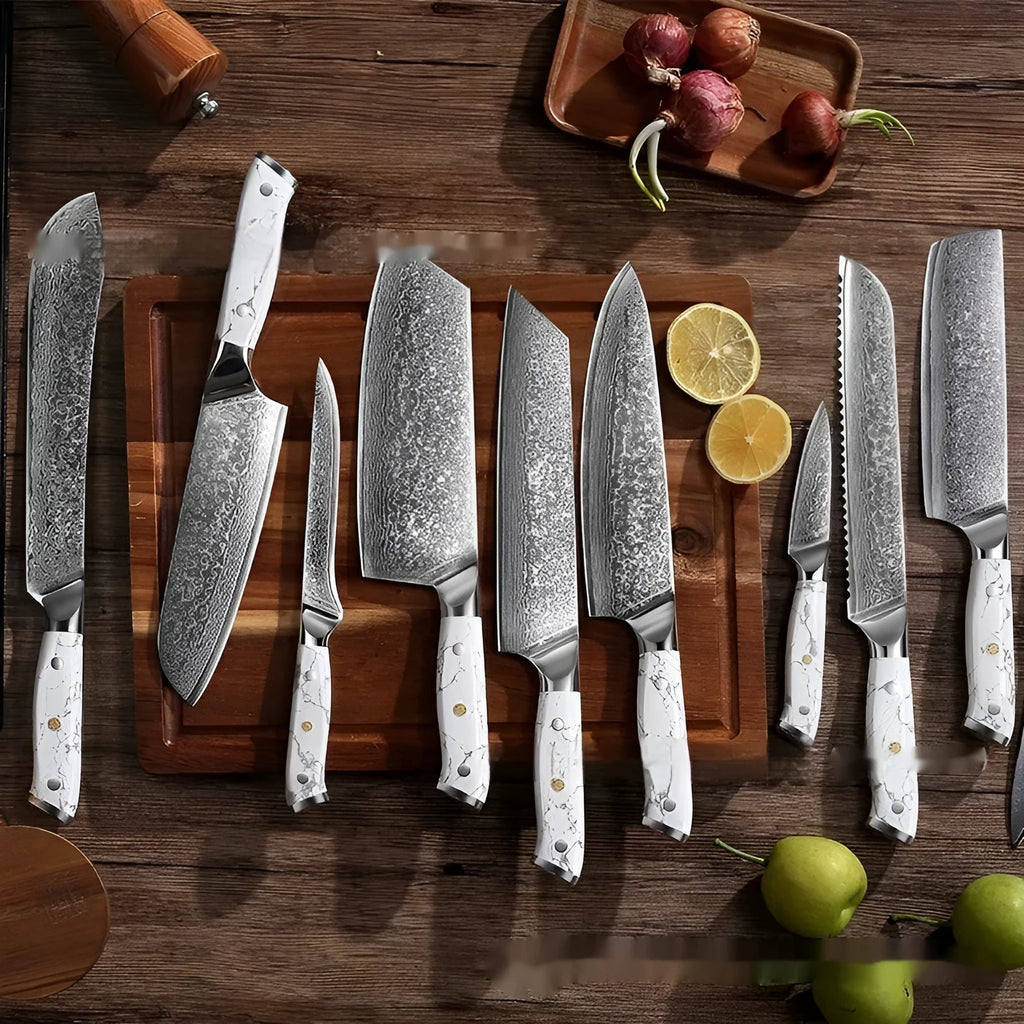Damascus pattern VG10 steel combined chef knife with 21cm blade on wooden surface