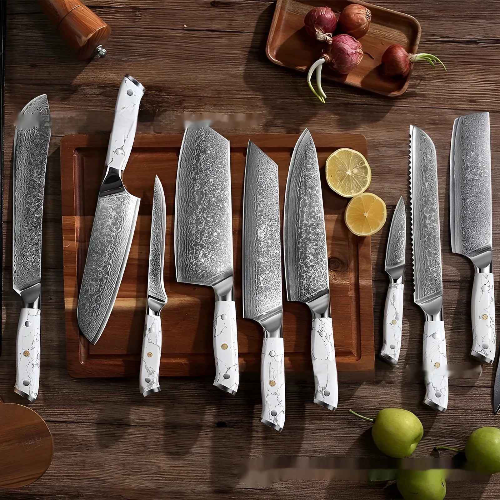 Damascus pattern VG10 steel combined chef knife with 21cm blade on wooden surface