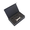 Black Bluetooth 5.0 tyre pressure monitoring kit with four external sensors, wrench, and anti-theft screws