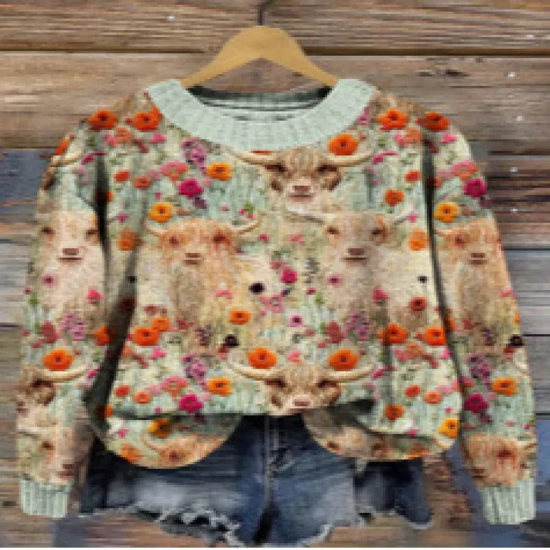 Digital printed round neck sweater showing Little Flower pattern in various colour options