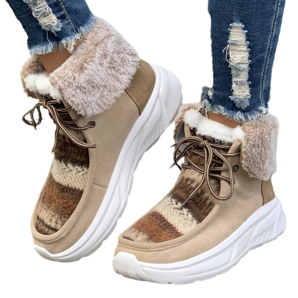Women's beige lace-up snow boots with suede upper and artificial fur lining
