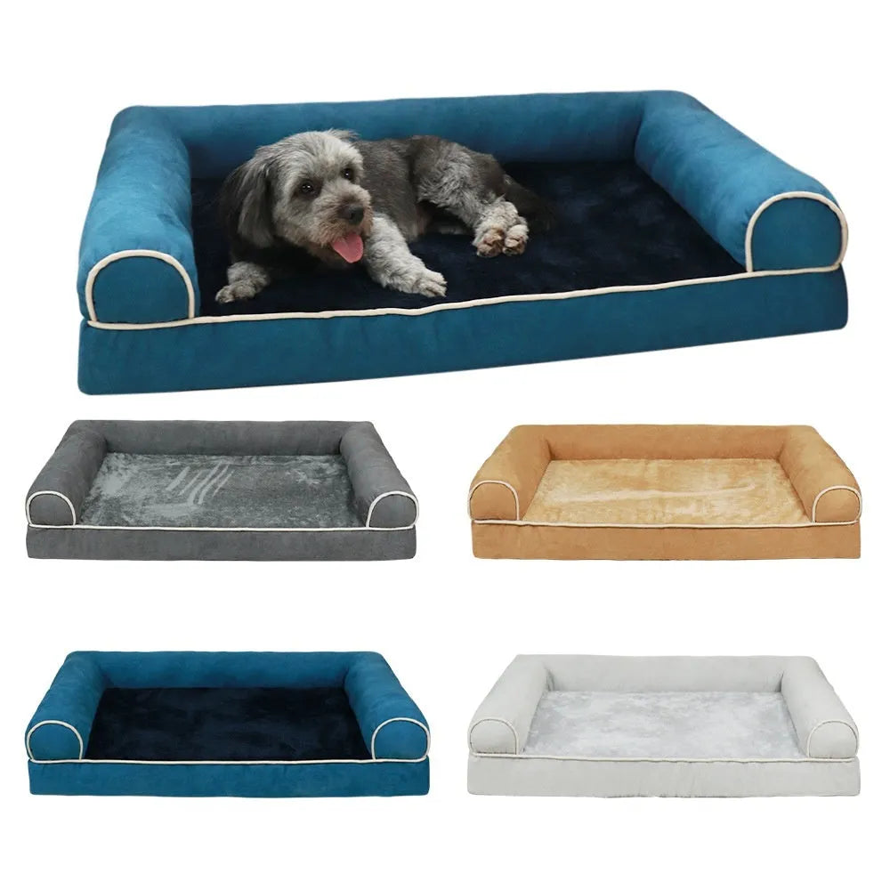 Square cloth dog bed with breathable sponge cushion in blue, shown with size options.