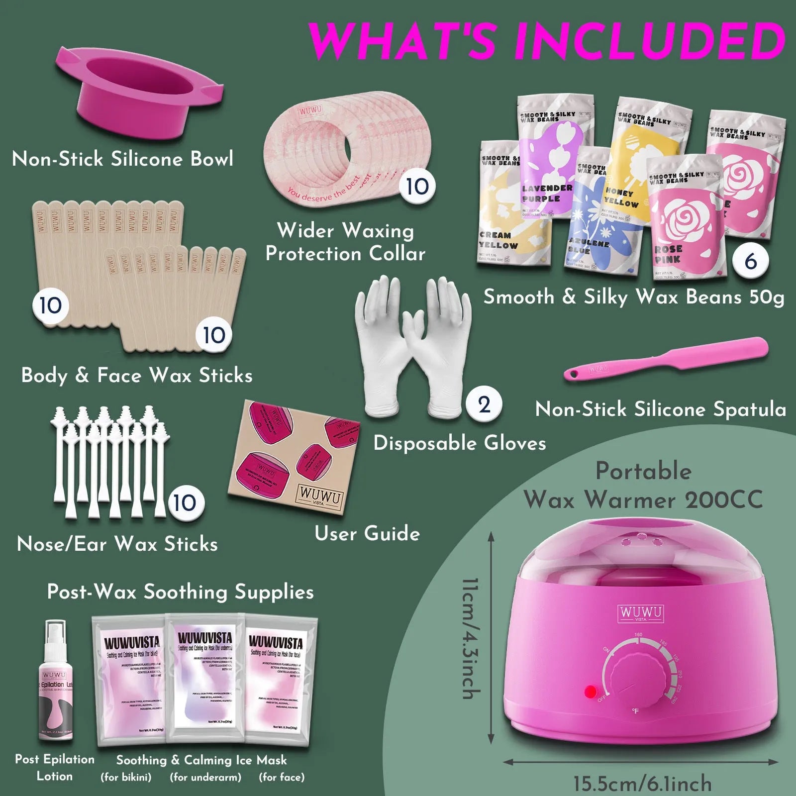 WUWUVISTA 56-piece professional waxing kit with smart warmer, wax beads, applicators and post-care items
