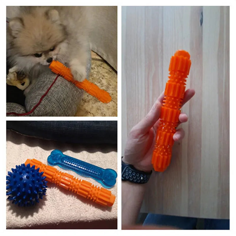 Green natural rubber dog chew toy with textured surface and treat-dispensing hole.