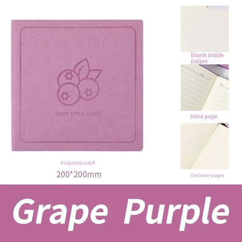 Square faux leather notebook with Daolin paper pages in peach pink, avocado green, and blueberry purple colour options