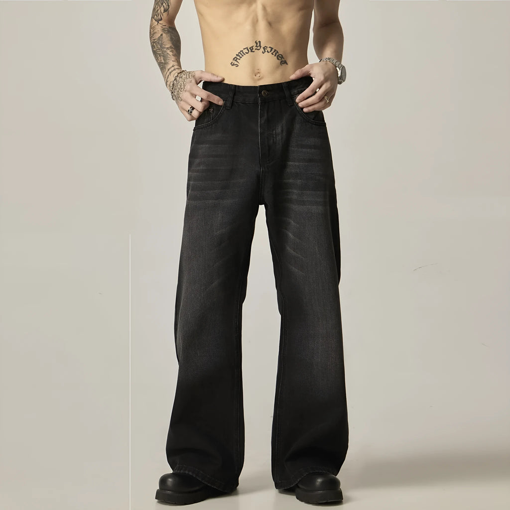 Black loose straight jeans with retro styling and zipper fly in polyester denim fabric