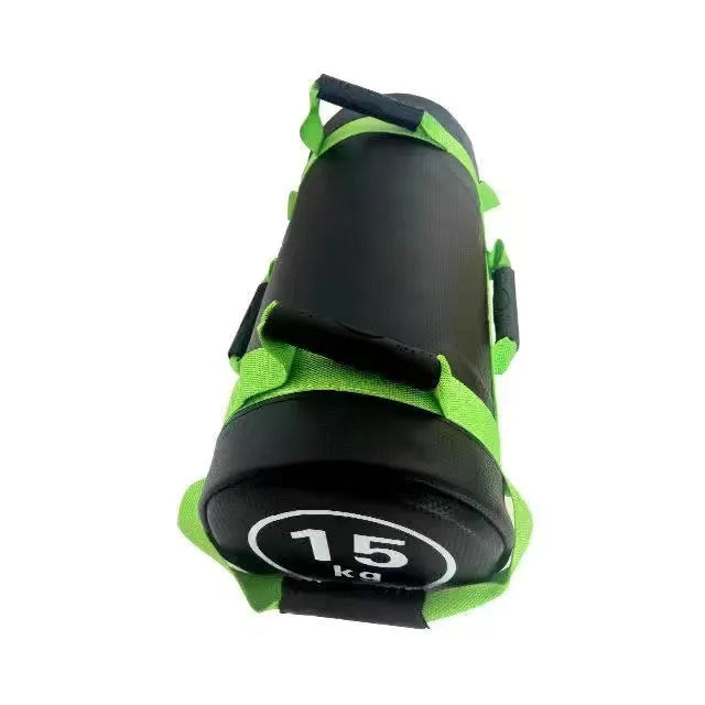 Flat white PVC fitness training sandbag for weight lifting and conditioning exercises.