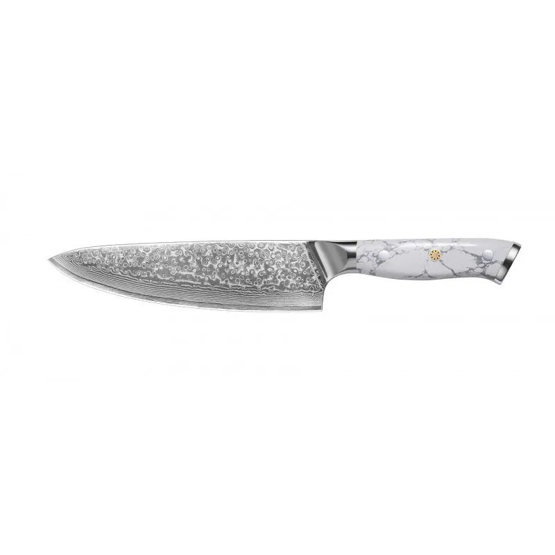 Damascus pattern VG10 steel combined chef knife with 21cm blade on wooden surface