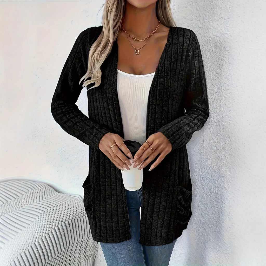 Solid colour long sleeve cardigan with pockets in loose fit design available in black and granny grey