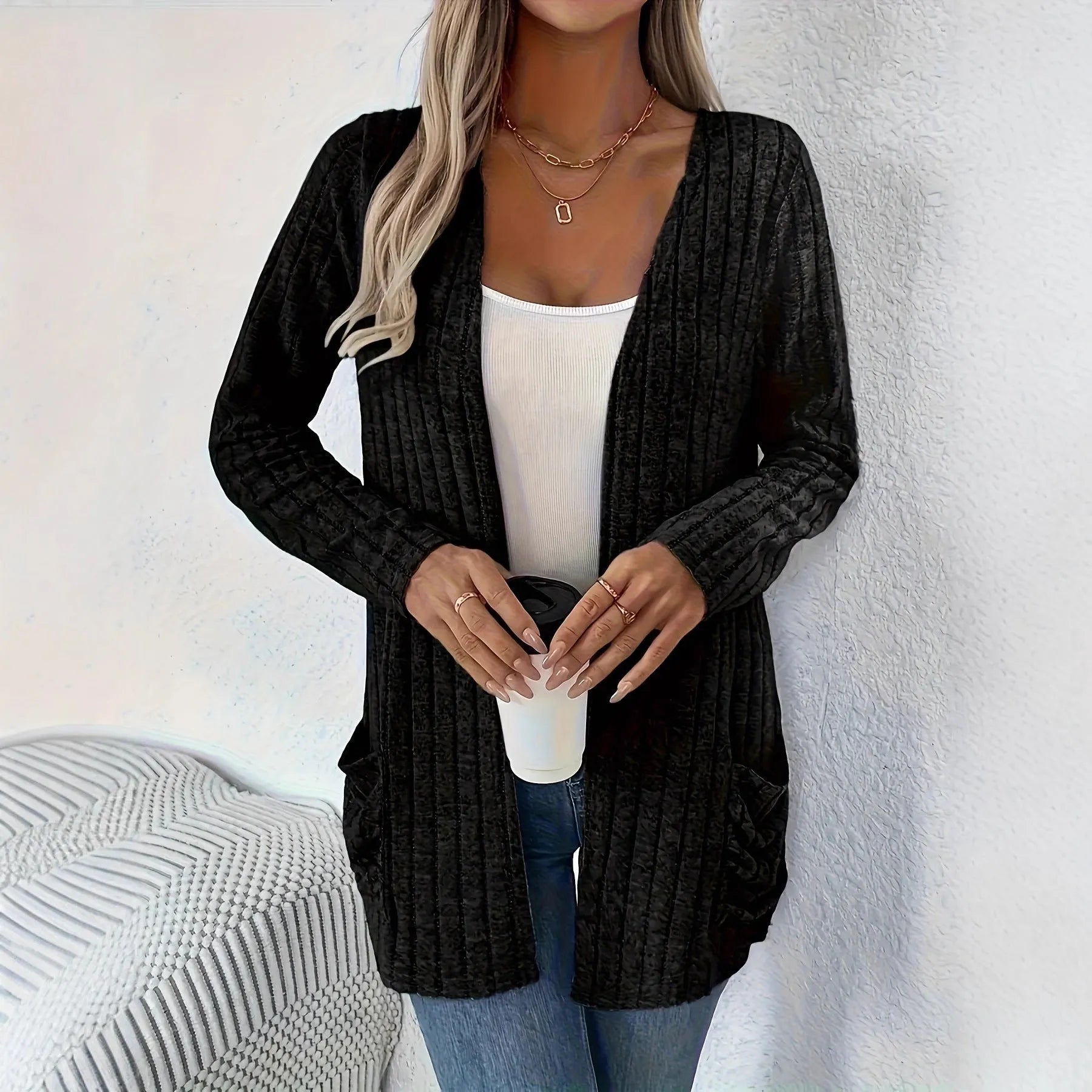 Solid colour long sleeve cardigan with pockets in loose fit design available in black and granny grey