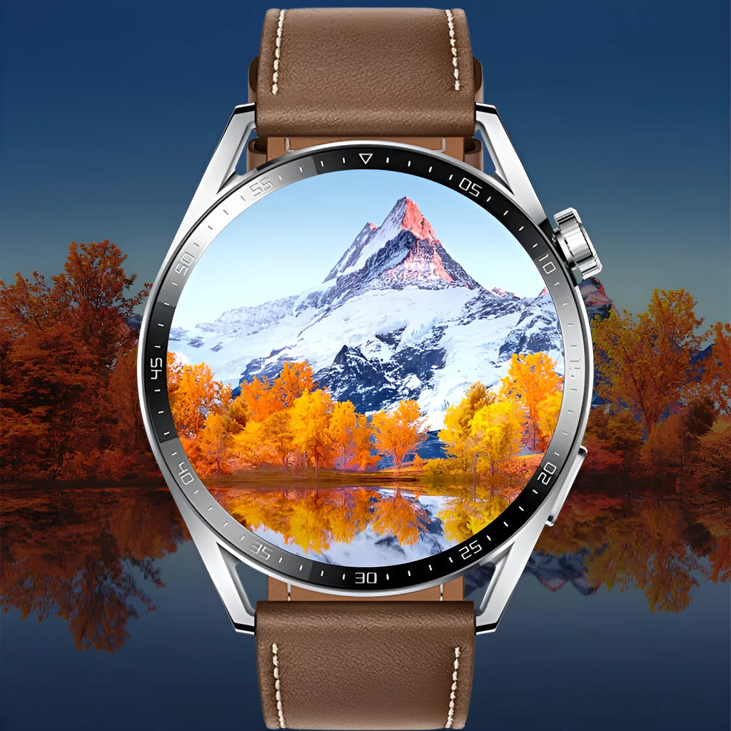 Black or silver smartwatch with 1.35-inch screen showing health stats and NFC payment icon.