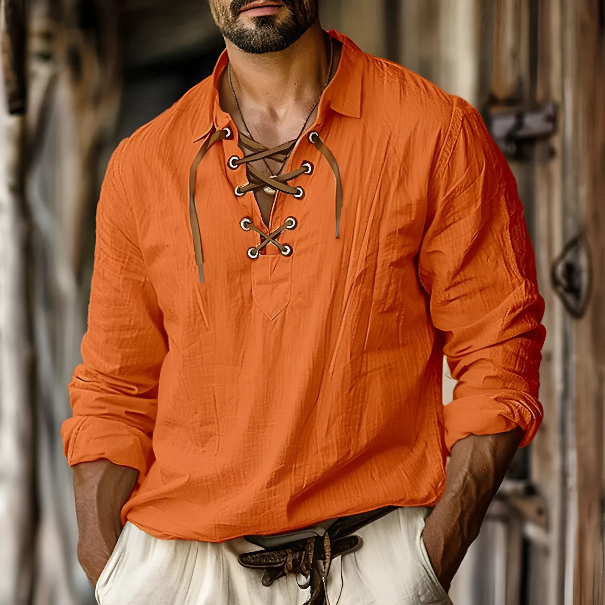 Men's plus size linen blend shirt in solid colour with loose fit long sleeves