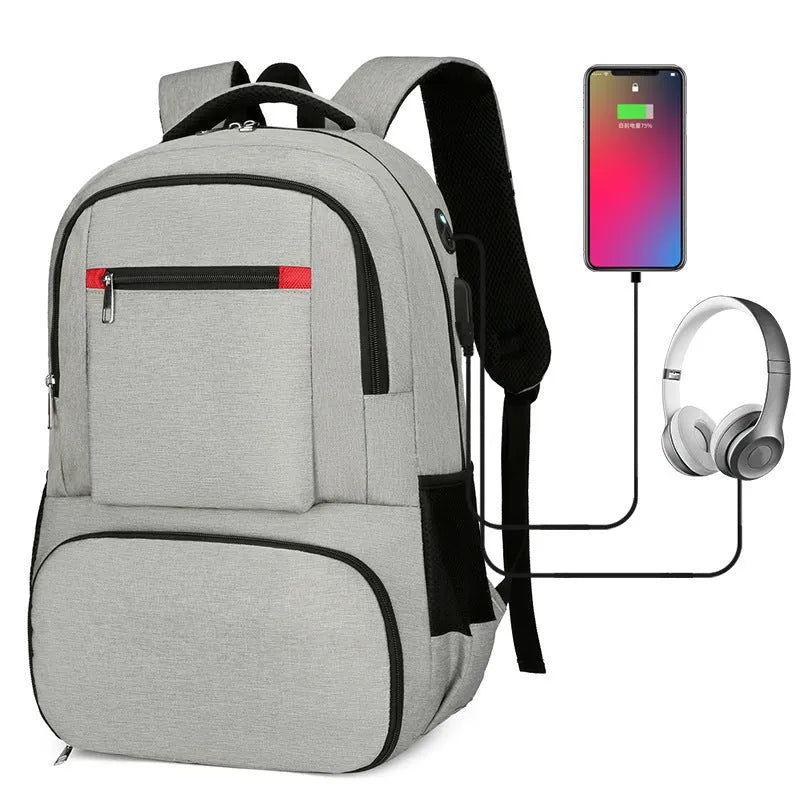 Oxford cloth backpack in light grey with pull rod belt accessory and curved shoulder straps
