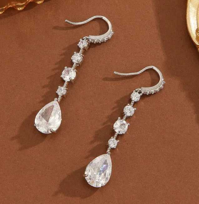 Women's copper electroplated teardrop drop high-carbon earrings in silver white zircon finish