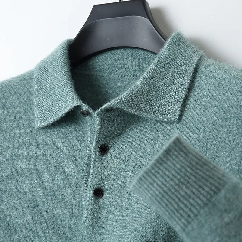 Men's grey wool polo collar sweater on a hanger, showing long sleeves and smart collar detail