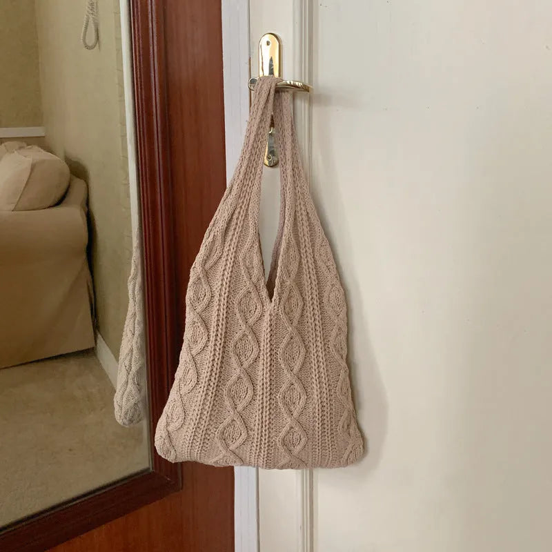 Women's retro crochet knitted polyester yarn shoulder tote bag in solid colour with double straps