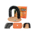 White plastic arched cat grooming tunnel with built-in brush bristles for scratching and rubbing