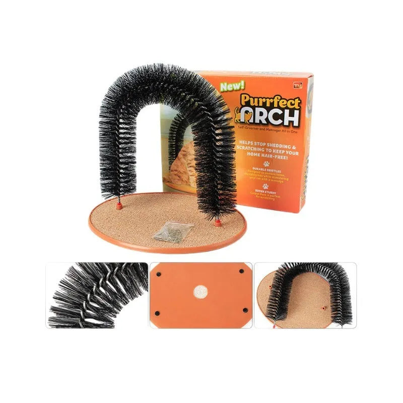 White plastic arched cat grooming tunnel with built-in brush bristles for scratching and rubbing