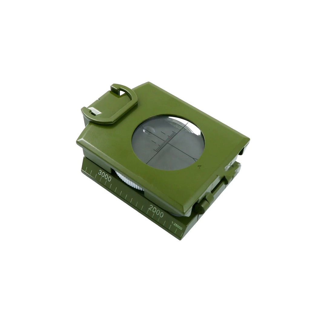 K4074 silver and black metal professional compass with hanging rope on a green background.
