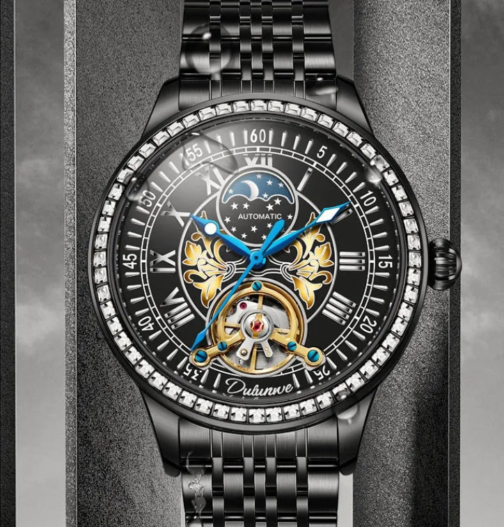 Men's round-dial waterproof watch with a stainless steel case and strap on a wrist.