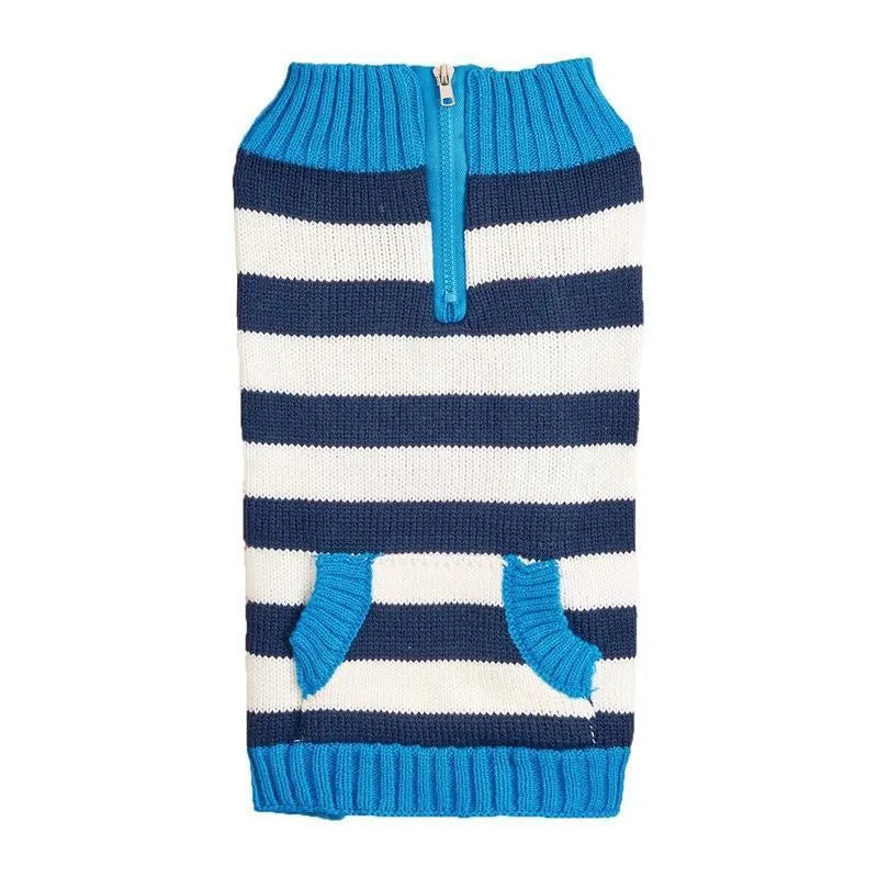 Grey dog sweater with horizontal zipper and contrast colour button pocket on small dog