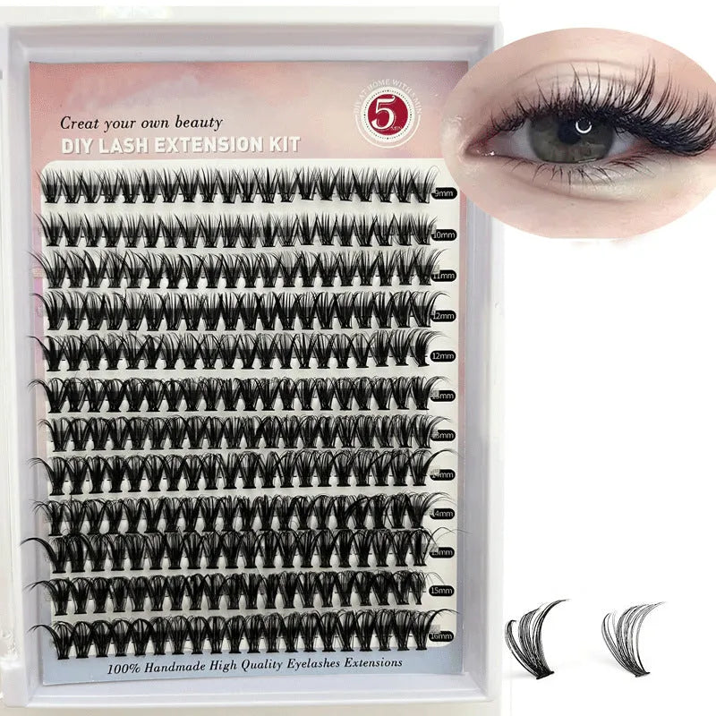 DIY false eyelashes mixed package showing 30D and 40D cluster lashes in 9-16mm lengths with application tweezers