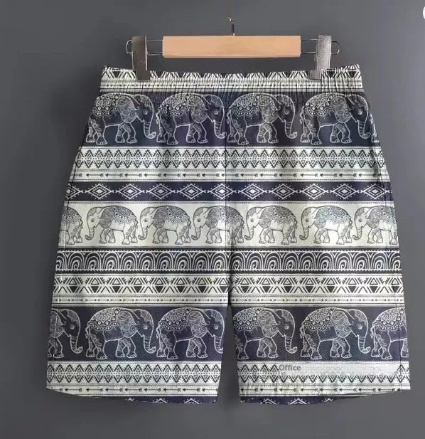 Men's casual polyester shorts in camouflage pattern, laid flat showing waistband and leg.