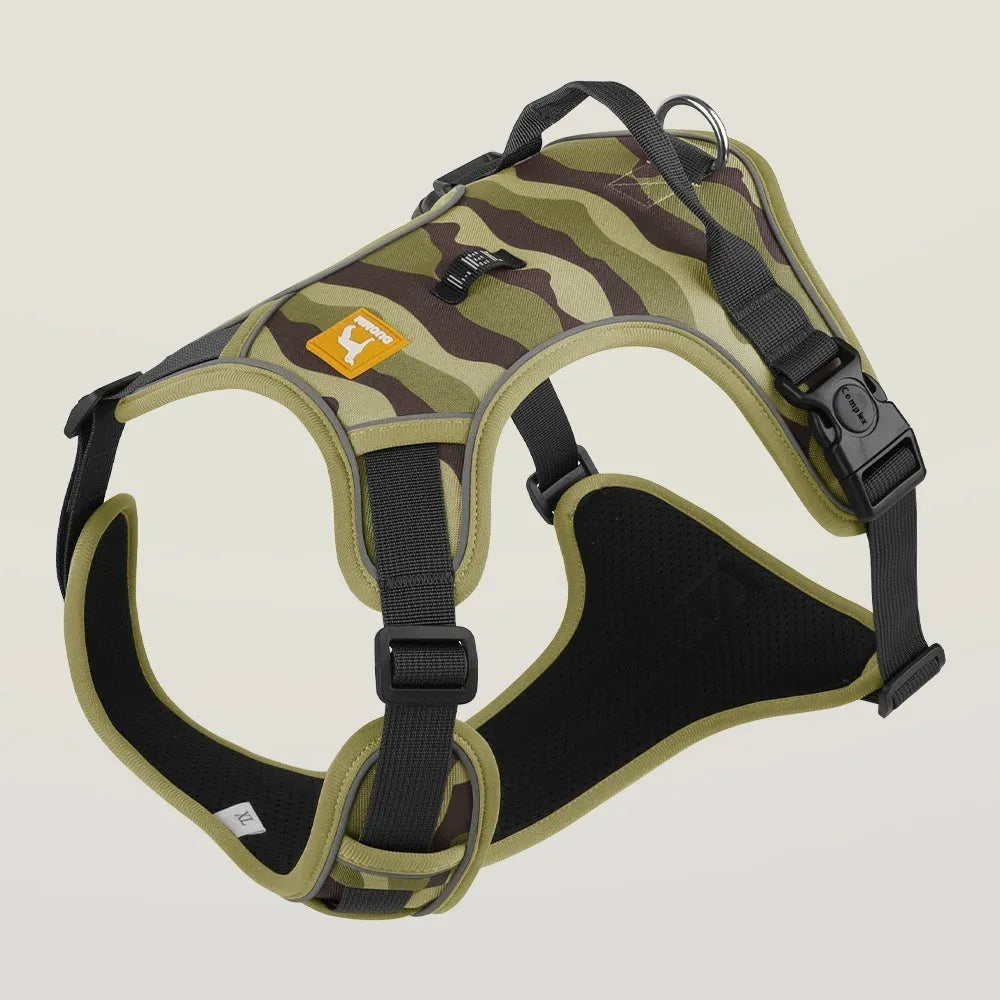 Oxford cloth dog commuter rope with reflective strips in army green colour showing chest and back hand holding points